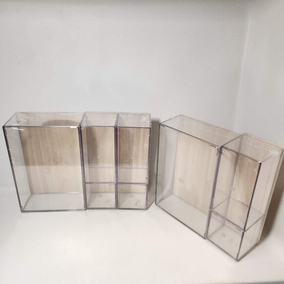 NEW Drawer Desktop Organizer 8 Piece Set Acrylic Clear with Wooden Lids … - Picture 8 of 14